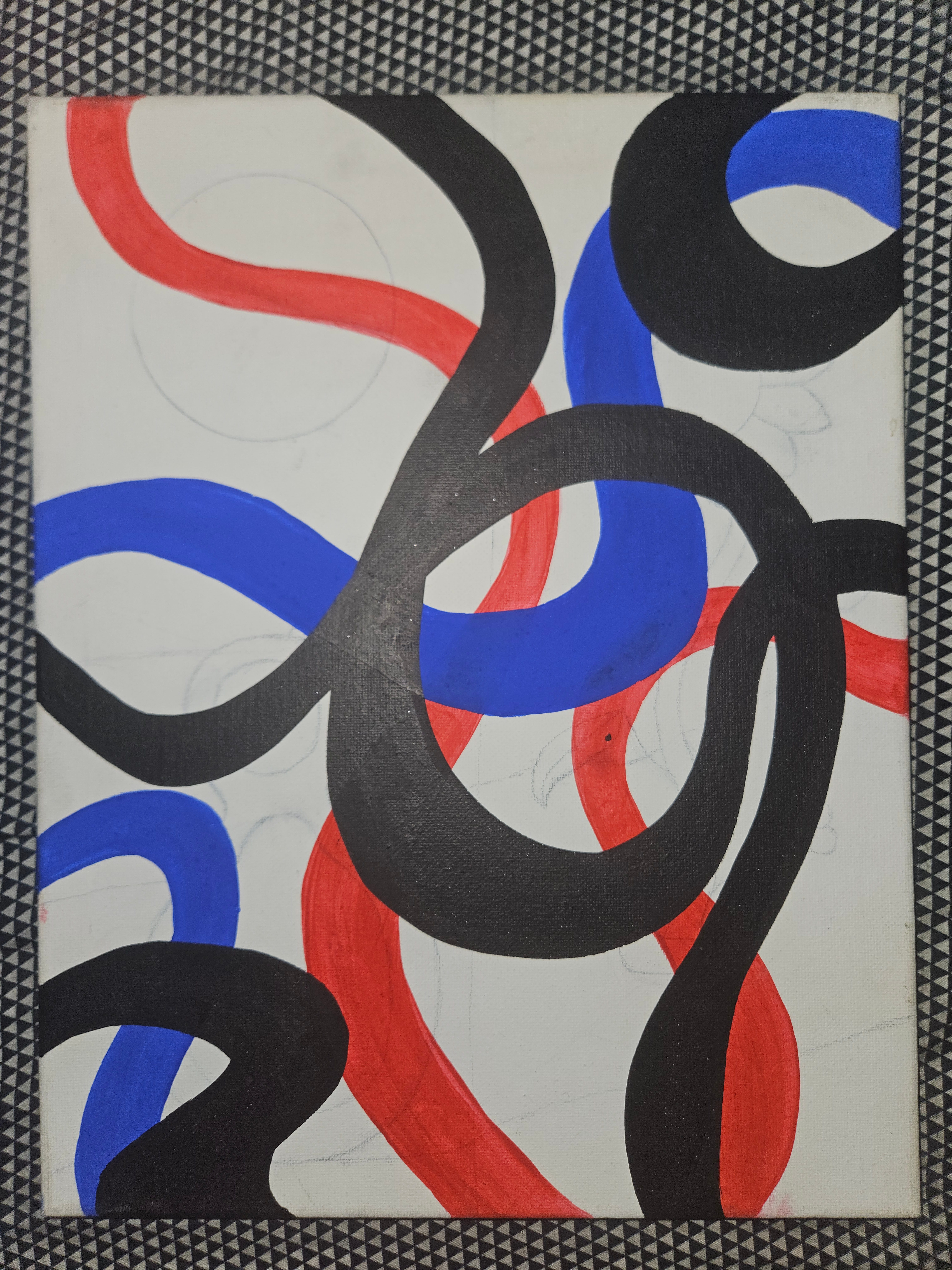 Rivers, a series of intertwined red blue and black lines that change swirl around and change in width.