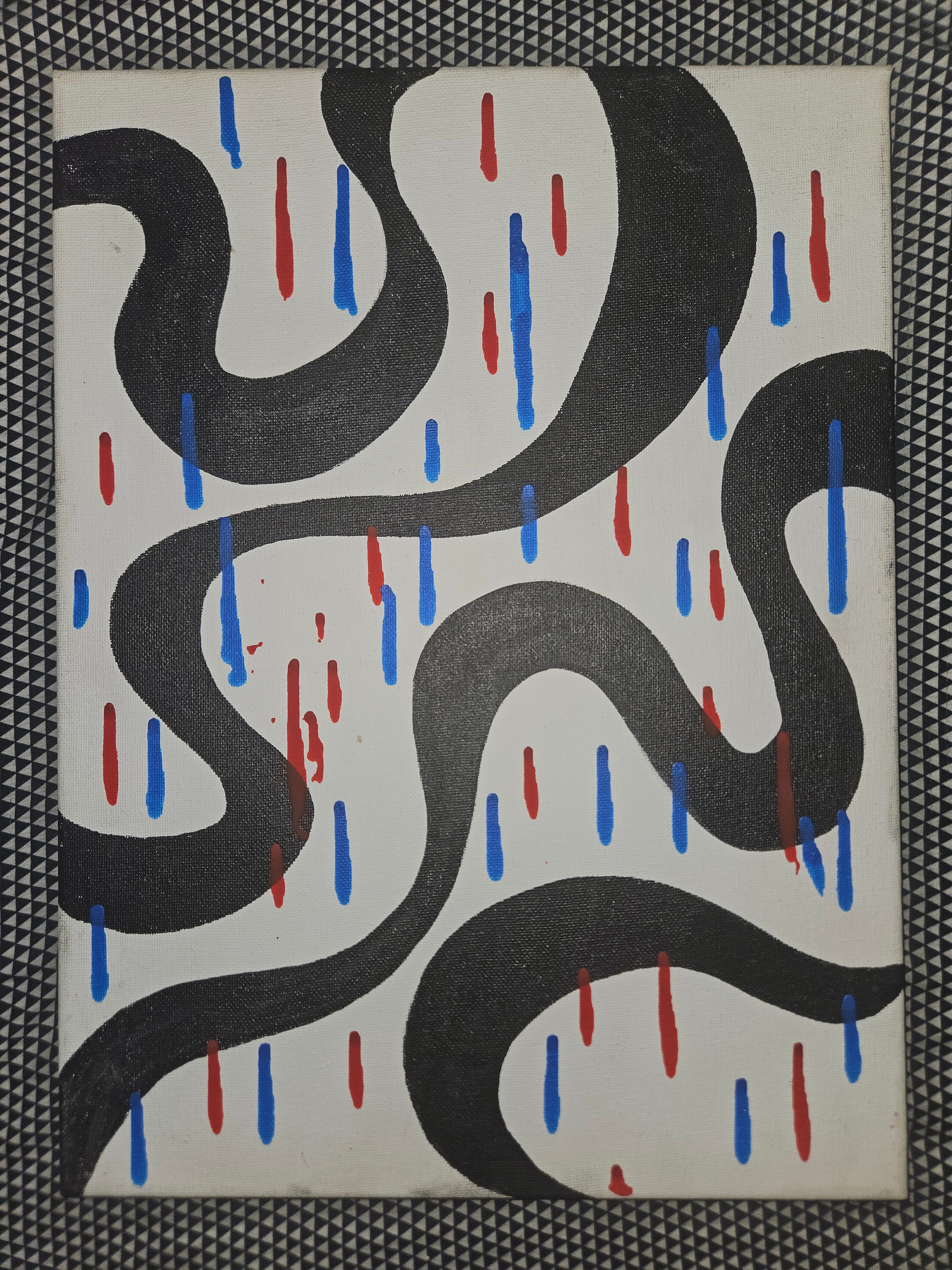 The Rain, a painting of twisting black lines that change in width and a series of red and blue drips dotting the canvas.