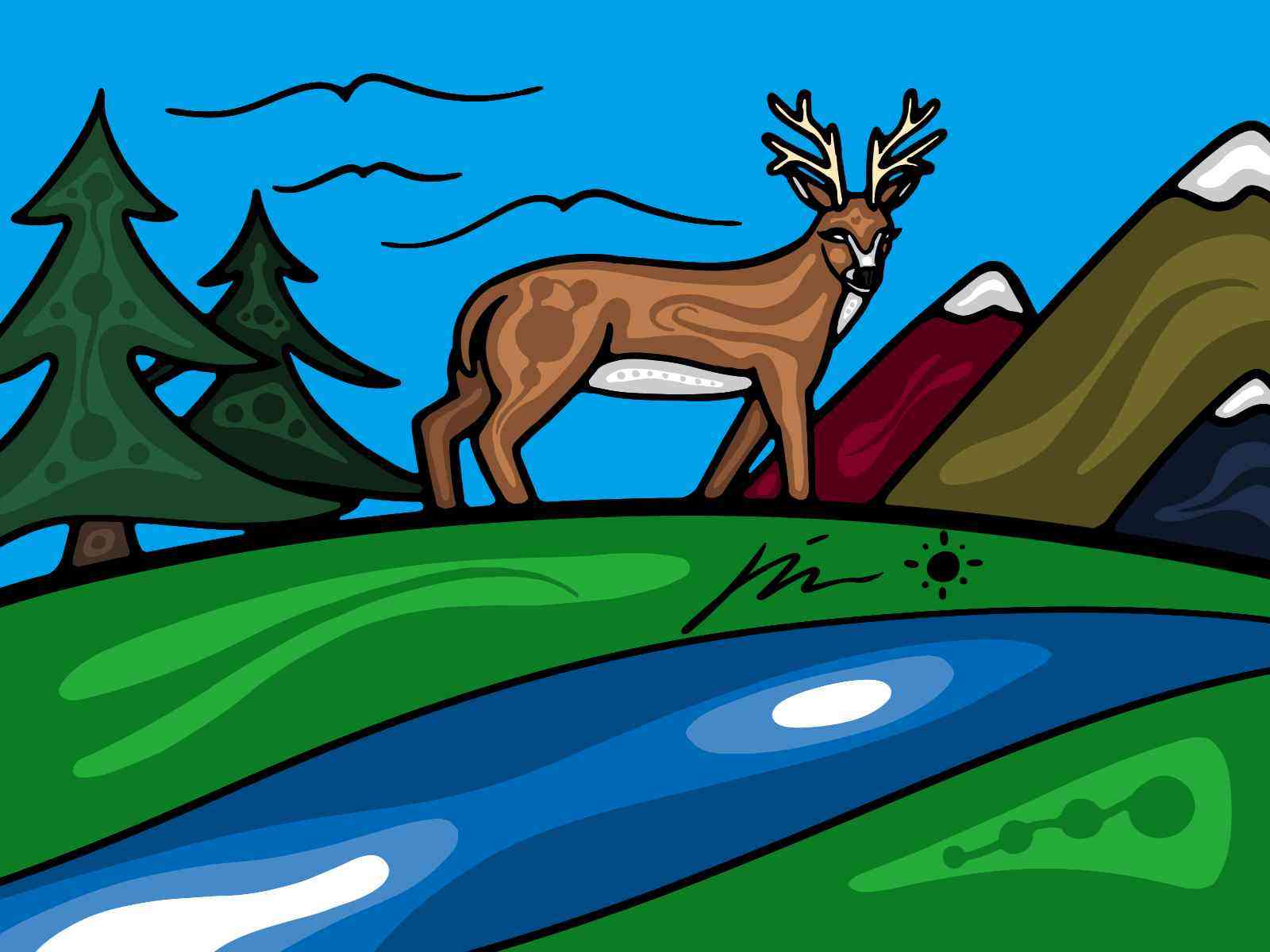 The Stag, a woodland drawing of a deer in a forest, standing next to a river, with strong mountians in the backrground.