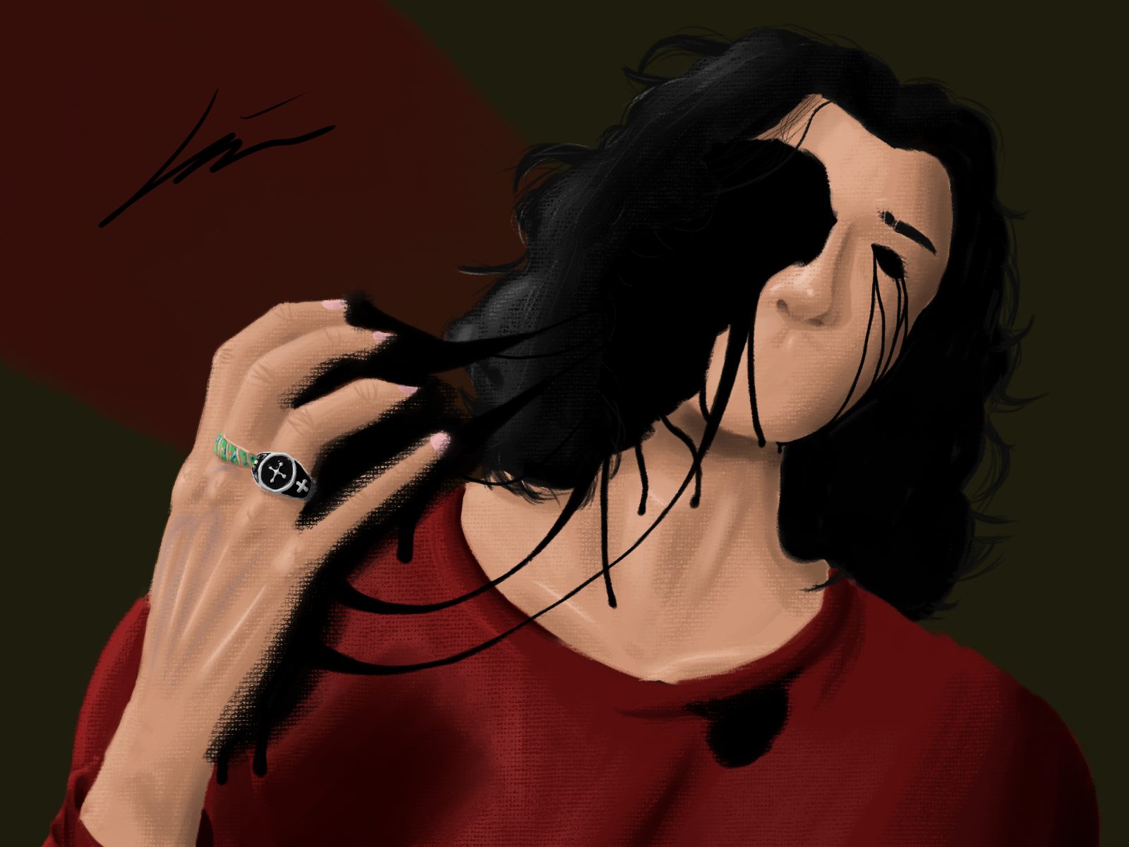 Rot, a self portrait depicting a black sludge clinging to the hand and face of the artist.