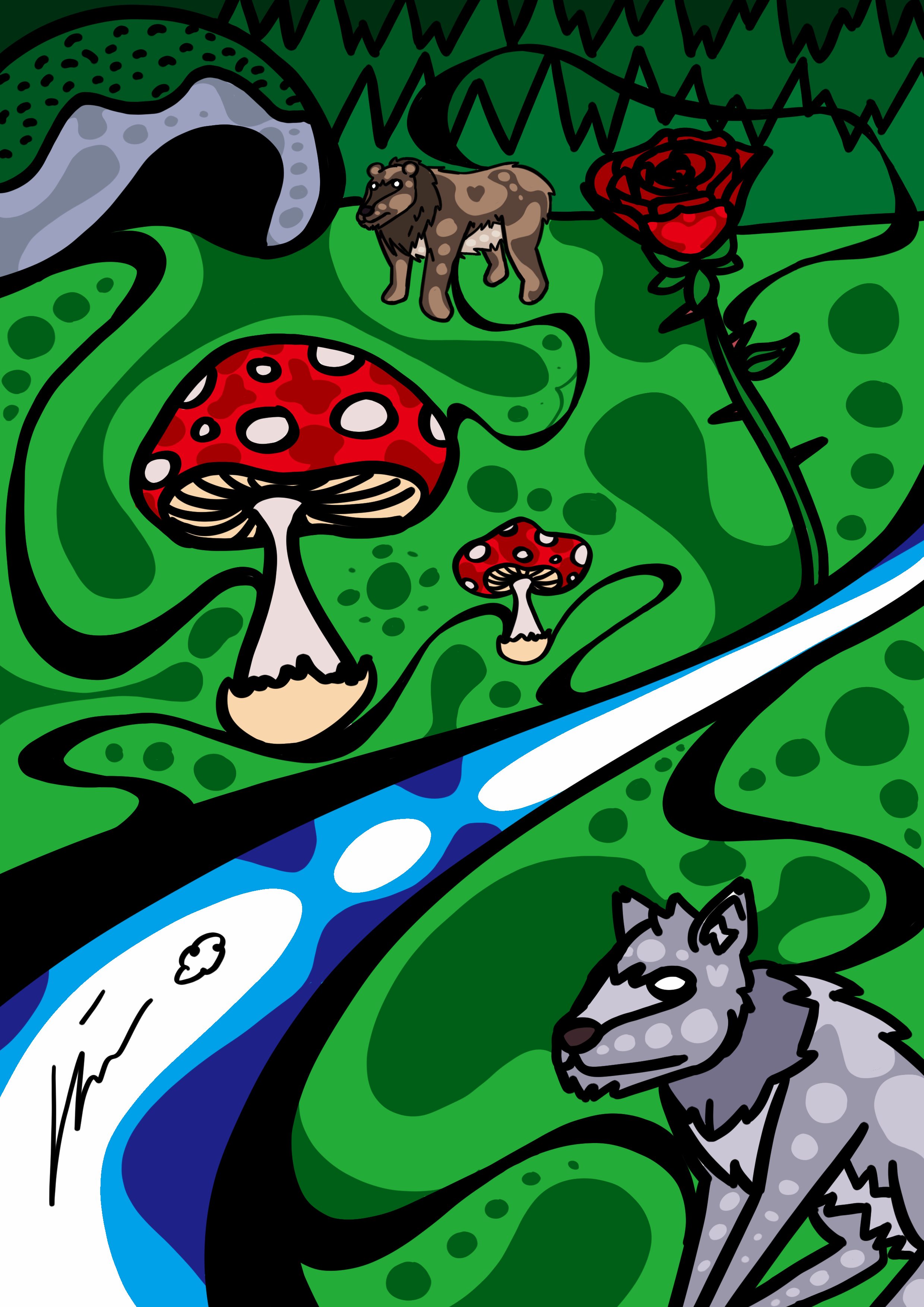 This artwork is untitled and features a wolf in the bottom right corner, a long river above that, some mushrooms, a rose, a bear with a cave, and a background of trees.