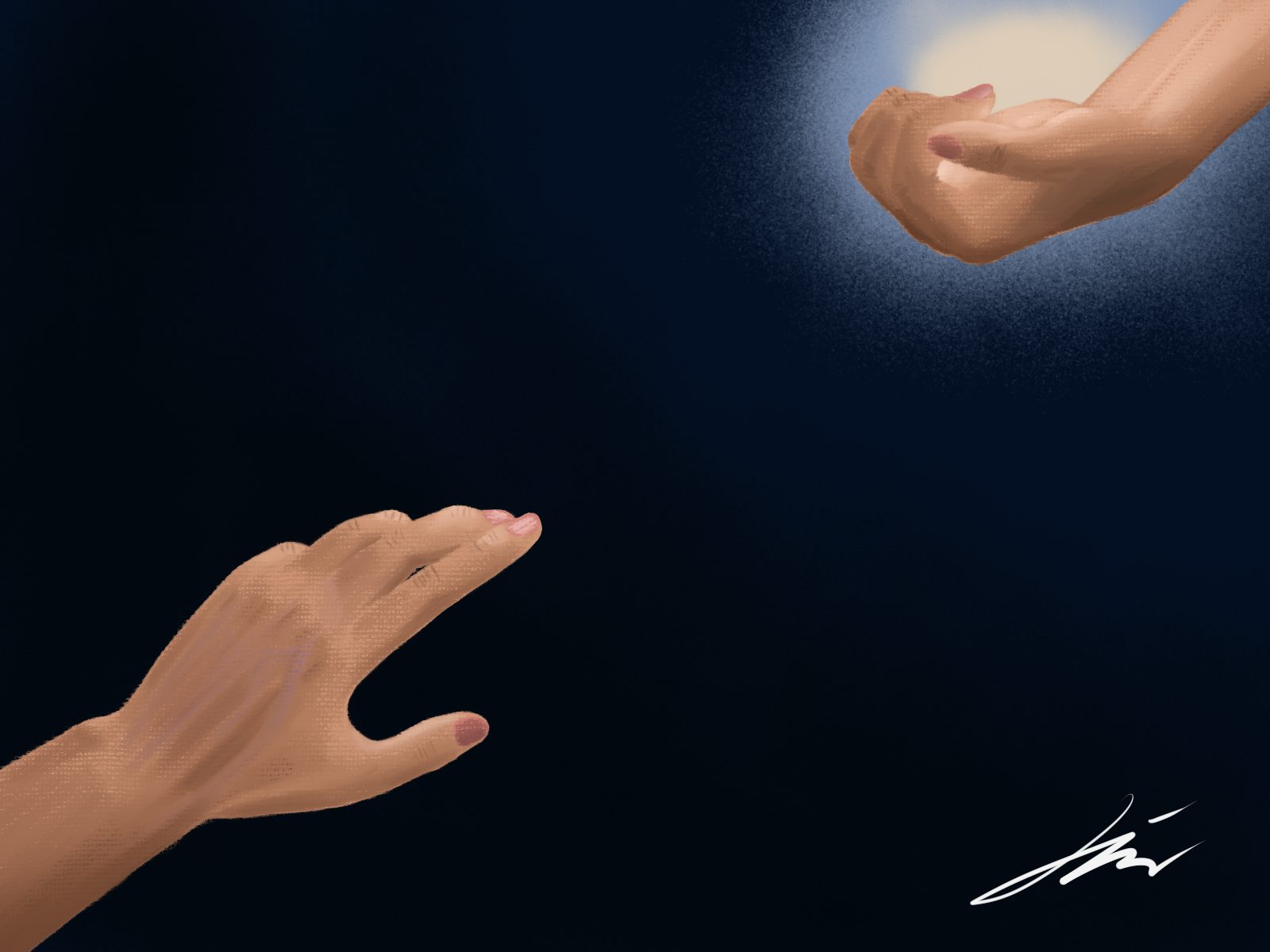 Salvation, a digital painting showing a hand reaching for another hand holding the light of hope.