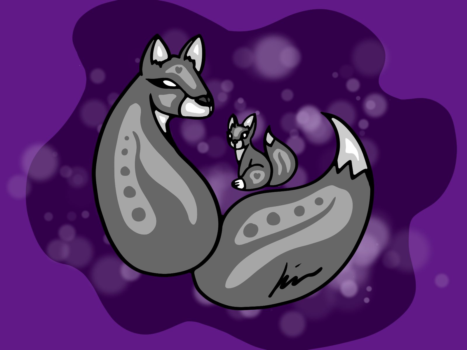 Mother Wolf, a woodland style drawing of a mother wolf and her cub, with a bubbly purple background.
