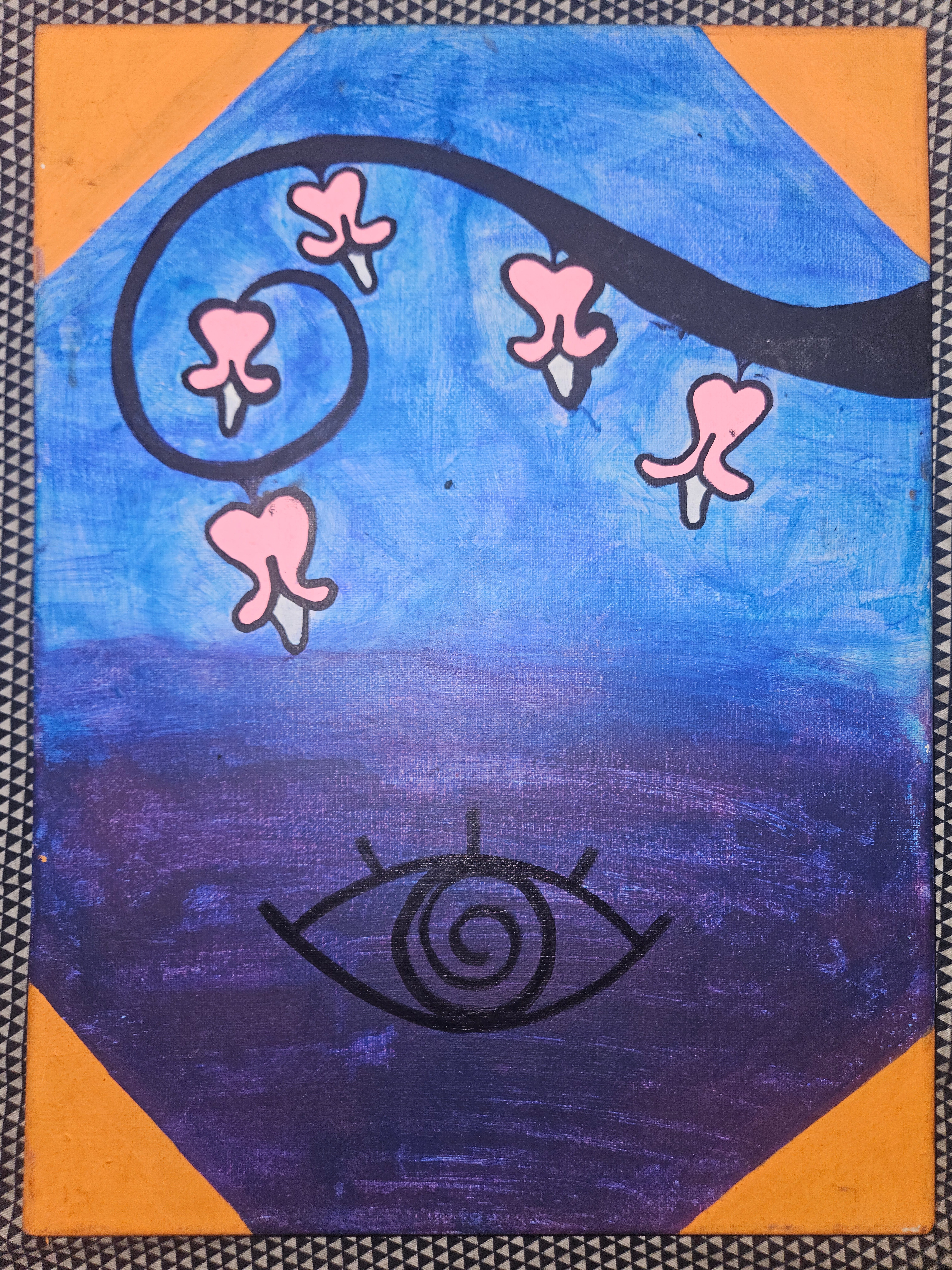 Branching Out, a painting showing a branch of Asian Bleeding Hearts and a black outline of an eye below it. The corners are orange.