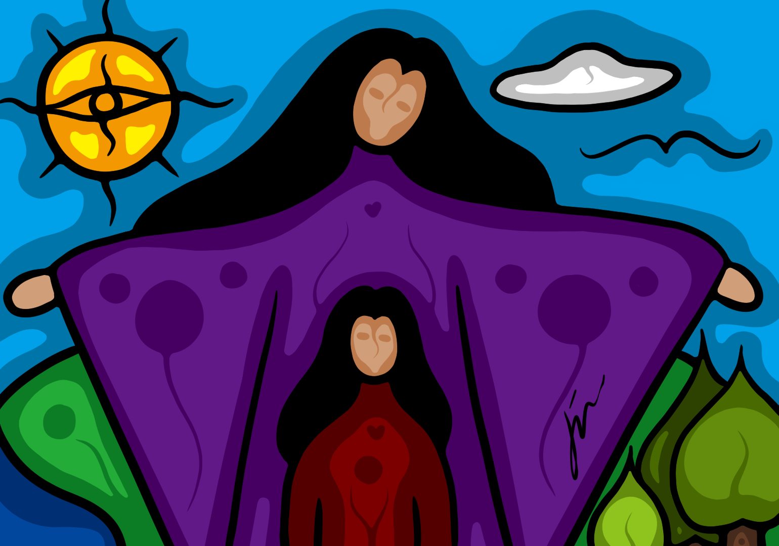 The Mother, a woodland style drawing of a mother and her child. There's a sun in the corner that has a single eye watching over them.